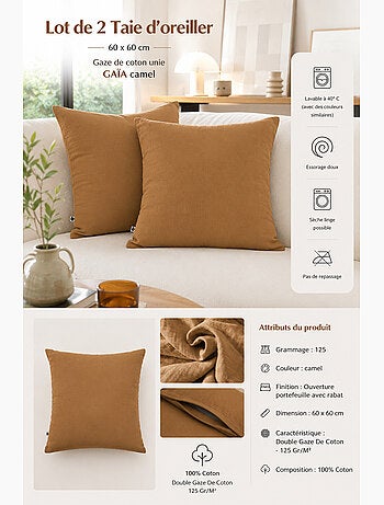 Lot de 2 Taies d’Oreiller – Double Gaze de Coton – GAÏA
