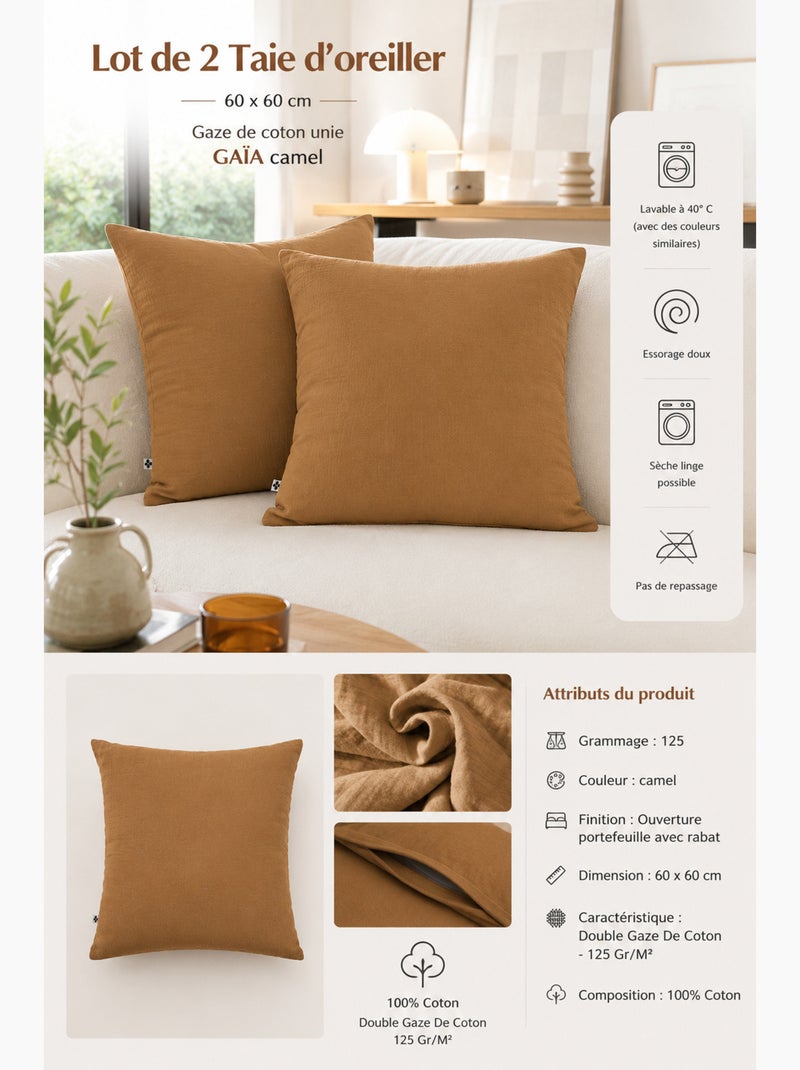 Lot de 2 Taies d’Oreiller – Double Gaze de Coton – GAÏA Camel - Kiabi