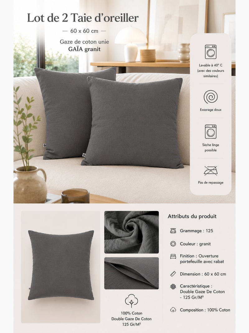 Lot de 2 Taies d’Oreiller – Double Gaze de Coton – GAÏA gris anthracite - Kiabi