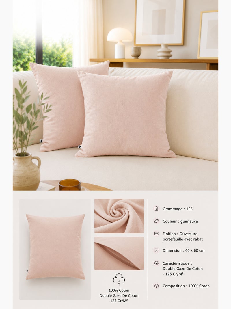 Lot de 2 Taies d’Oreiller – Double Gaze de Coton – GAÏA Rose poudré - Kiabi
