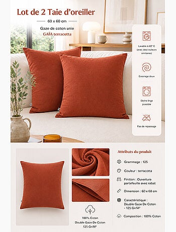 Lot de 2 Taies d’Oreiller – Double Gaze de Coton – GAÏA