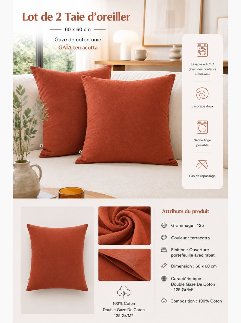 Lot de 2 Taies d’Oreiller – Double Gaze de Coton – GAÏA Terracotta - Kiabi