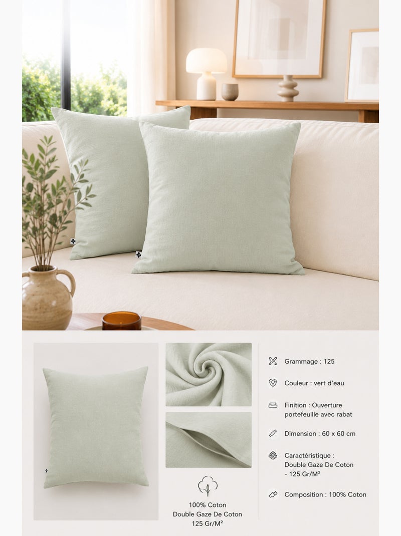 Lot de 2 Taies d’Oreiller – Double Gaze de Coton – GAÏA Vert d'eau - Kiabi