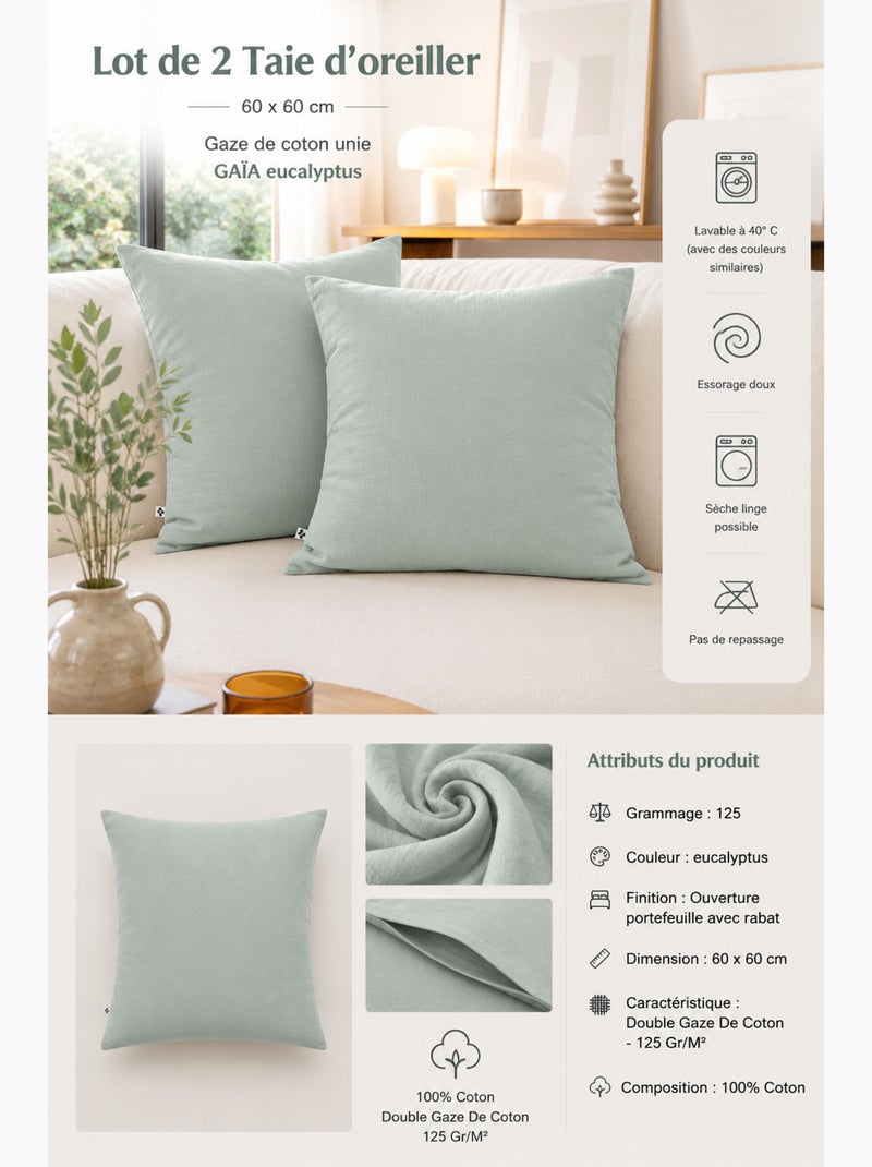 Lot de 2 Taies d’Oreiller – Double Gaze de Coton – GAÏA Vert eucalyptus - Kiabi