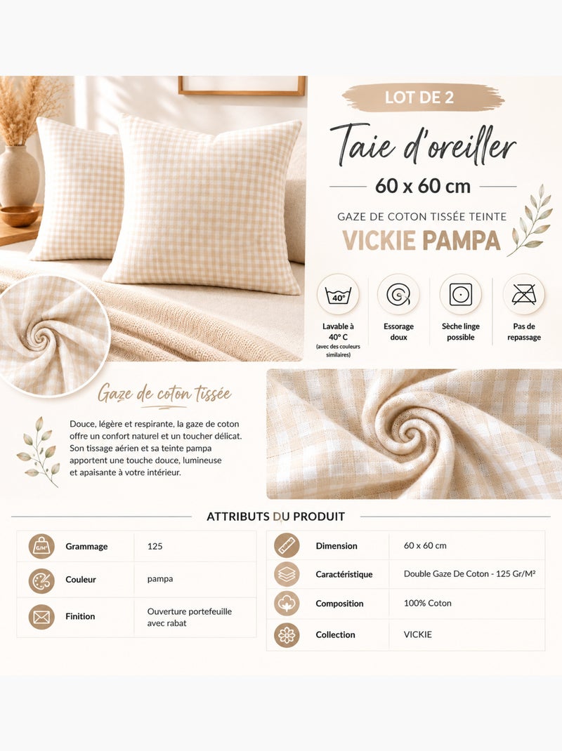 Lot de 2 Taies d'Oreiller Double Gaze de Coton VICKIE Beige - Kiabi