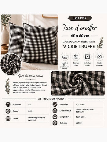 Lot de 2 Taies d'Oreiller Double Gaze de Coton VICKIE