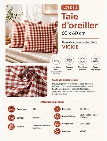 Lot de 2 taies d'oreiller double gaze de coton vickie