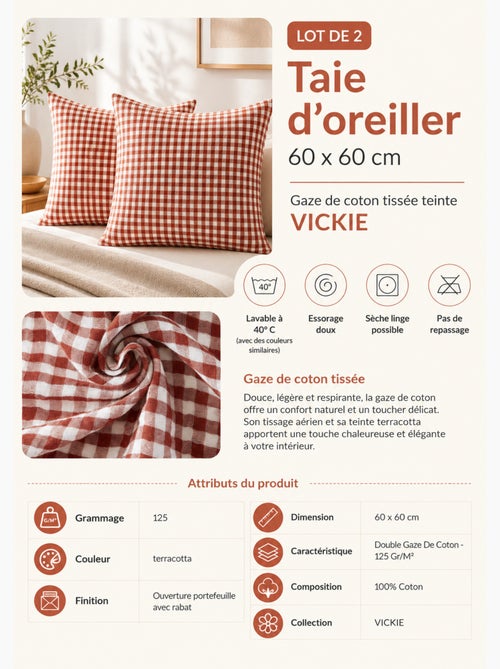 Lot de 2 Taies d'Oreiller Double Gaze de Coton VICKIE - Kiabi Lot de 2 Taies d'Oreiller Double Gaze de Coton VICKIE - Kiabi
