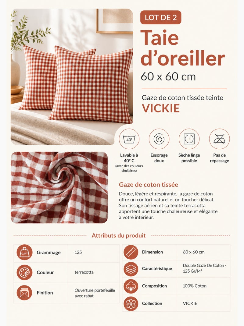 Lot de 2 Taies d'Oreiller Double Gaze de Coton VICKIE Terracotta - Kiabi
