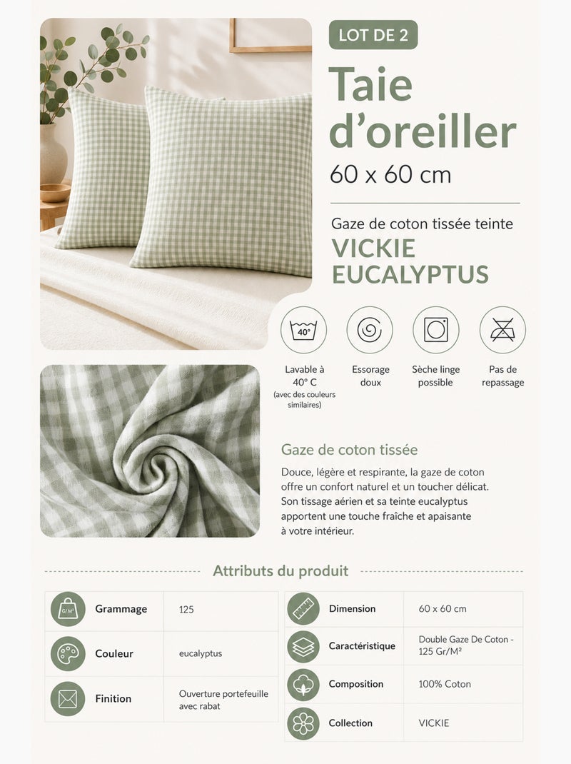 Lot de 2 Taies d'Oreiller Double Gaze de Coton VICKIE Vert clair - Kiabi