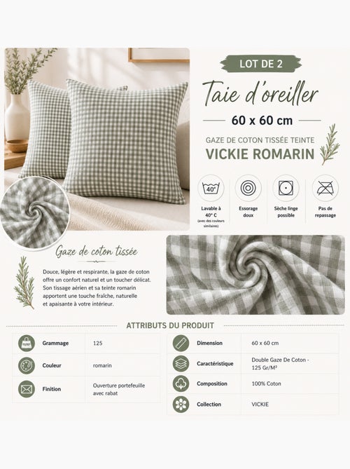 Lot de 2 Taies d'Oreiller Double Gaze de Coton VICKIE - Kiabi Lot de 2 Taies d'Oreiller Double Gaze de Coton VICKIE - Kiabi