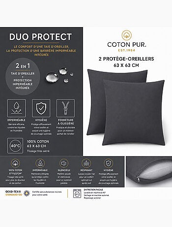 Lot de 2 taies d’oreiller duo protect coton 57 fils/cm² imperméables