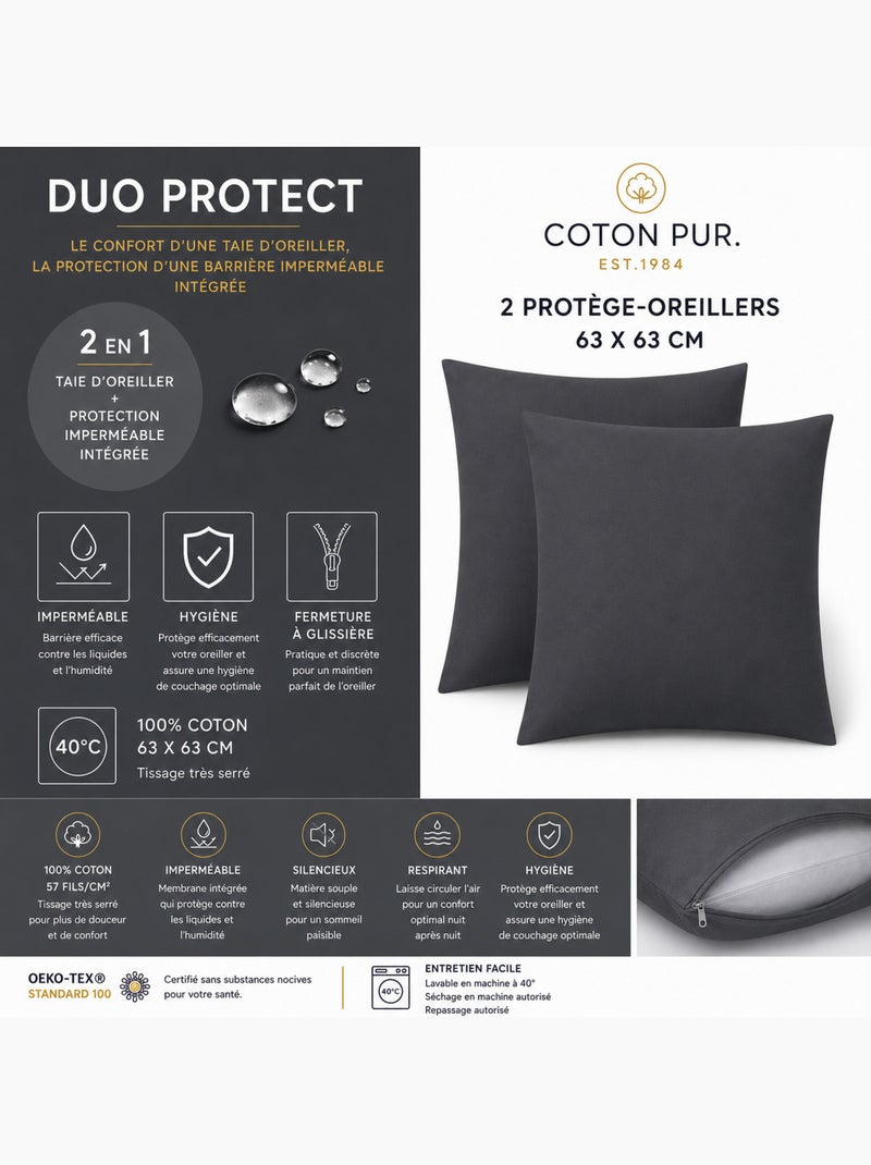 Lot de 2 taies d’oreiller duo protect coton 57 fils/cm² imperméables Ardoise - Kiabi