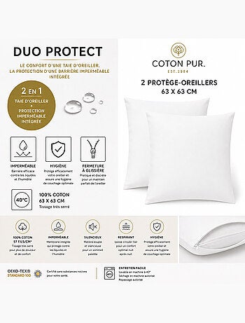 Lot de 2 taies d’oreiller duo protect coton 57 fils/cm² imperméables
