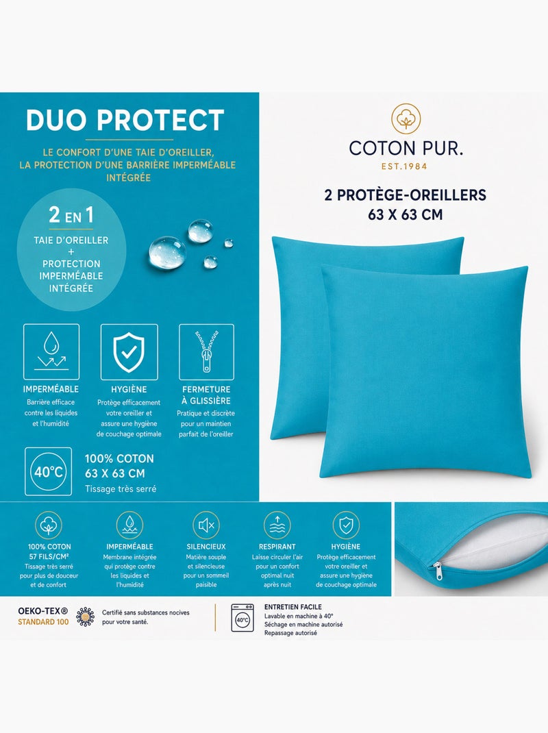 Lot de 2 taies d’oreiller duo protect coton 57 fils/cm² imperméables Bleu cyan - Kiabi