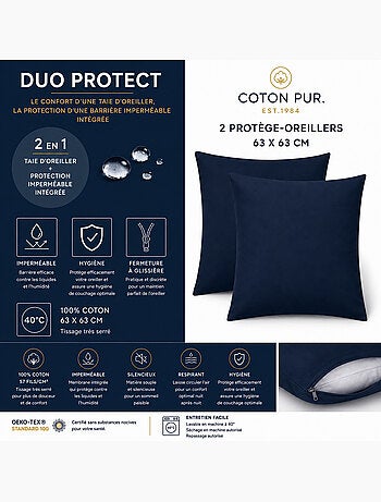 Lot de 2 taies d’oreiller duo protect coton 57 fils/cm² imperméables
