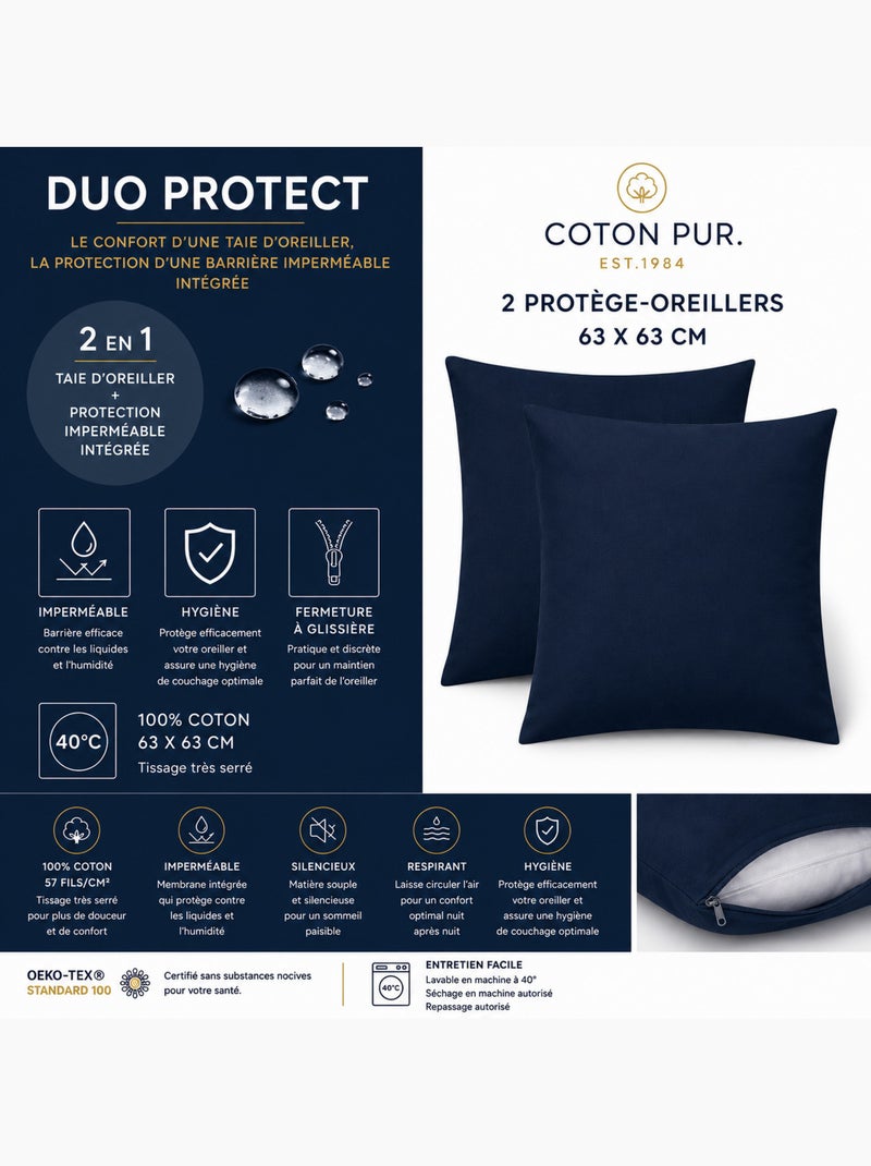 Lot de 2 taies d’oreiller duo protect coton 57 fils/cm² imperméables Bleu nuit - Kiabi