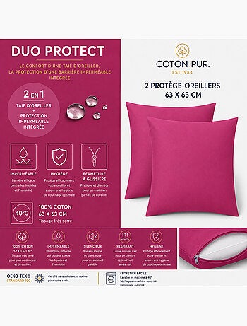 Lot de 2 taies d’oreiller duo protect coton 57 fils/cm² imperméables