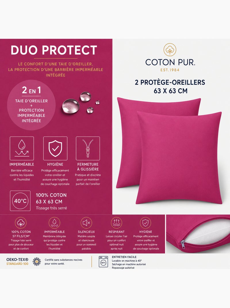 Lot de 2 taies d’oreiller duo protect coton 57 fils/cm² imperméables Magenta - Kiabi