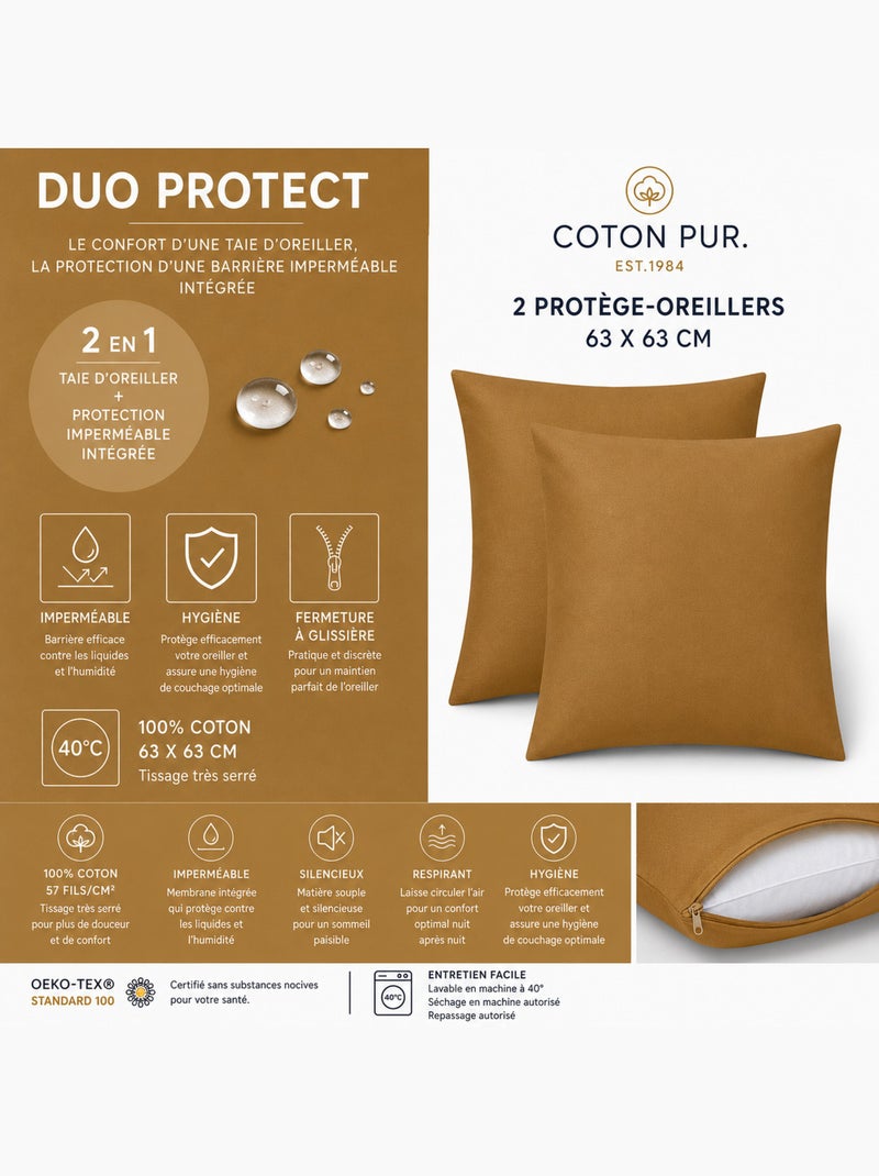 Lot de 2 taies d’oreiller duo protect coton 57 fils/cm² imperméables Marron caramel - Kiabi