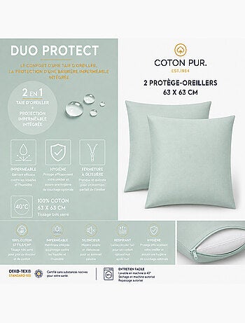 Lot de 2 taies d’oreiller duo protect coton 57 fils/cm² imperméables