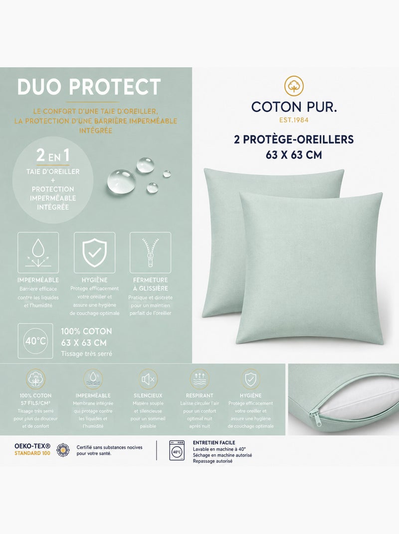 Lot de 2 taies d’oreiller duo protect coton 57 fils/cm² imperméables Menthe - Kiabi