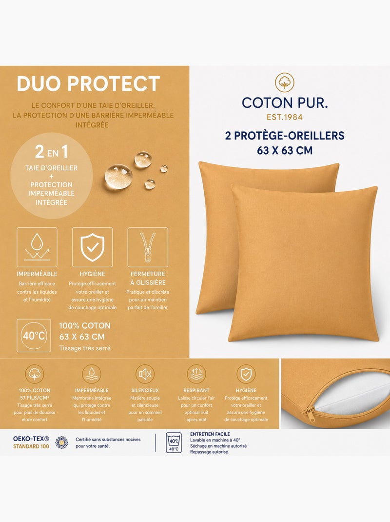 Lot de 2 taies d’oreiller duo protect coton 57 fils/cm² imperméables Miel - Kiabi