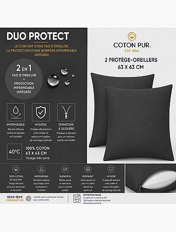 Lot de 2 taies d’oreiller duo protect coton 57 fils/cm² imperméables