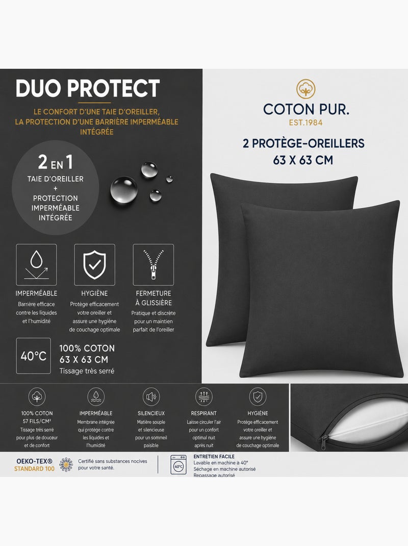 Lot de 2 taies d’oreiller duo protect coton 57 fils/cm² imperméables Noir - Kiabi