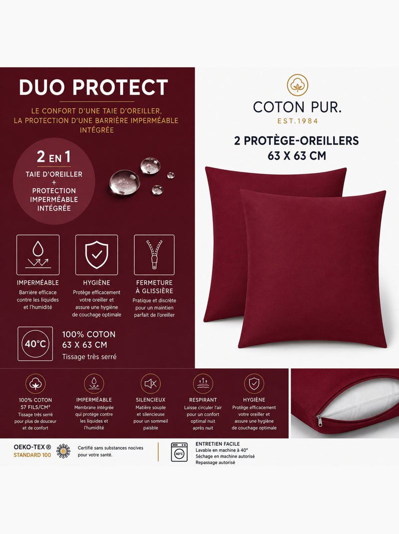 Lot de 2 taies d’oreiller duo protect coton 57 fils/cm² imperméables Rouge grenat - Kiabi