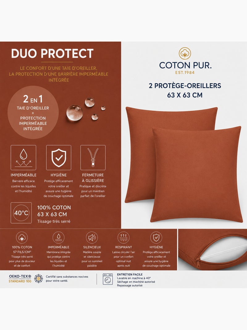 Lot de 2 taies d’oreiller duo protect coton 57 fils/cm² imperméables Rouge paprika - Kiabi