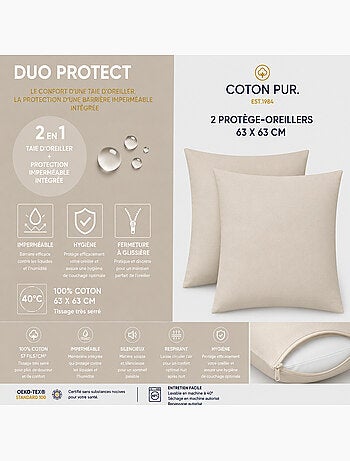 Lot de 2 taies d’oreiller duo protect coton 57 fils/cm² imperméables