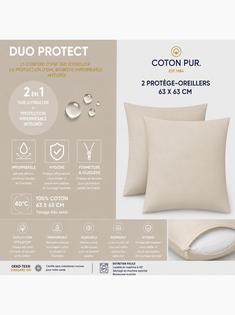 Lot de 2 taies d’oreiller duo protect coton 57 fils/cm² imperméables Sable - Kiabi
