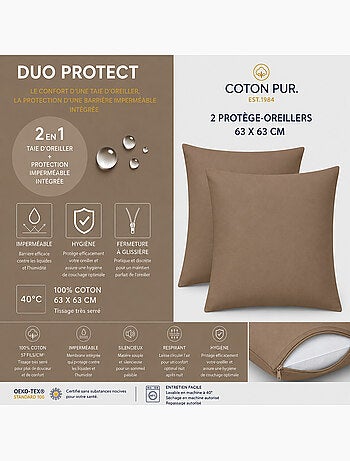 Lot de 2 taies d’oreiller duo protect coton 57 fils/cm² imperméables