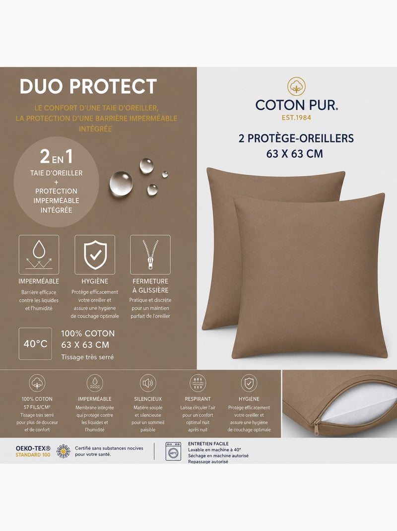 Lot de 2 taies d’oreiller duo protect coton 57 fils/cm² imperméables Taupe - Kiabi