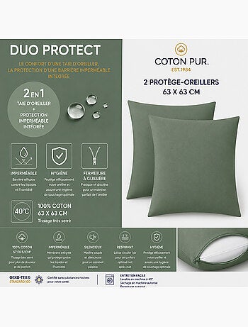 Lot de 2 taies d’oreiller duo protect coton 57 fils/cm² imperméables