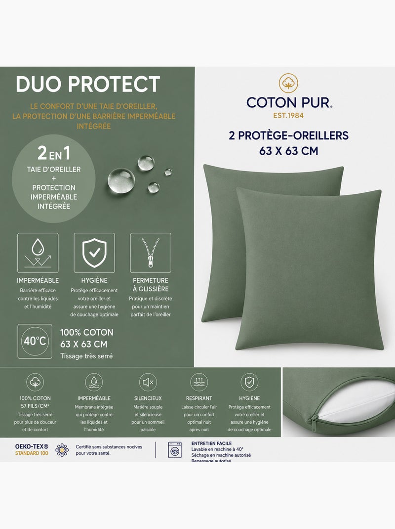 Lot de 2 taies d’oreiller duo protect coton 57 fils/cm² imperméables Vert romarin - Kiabi
