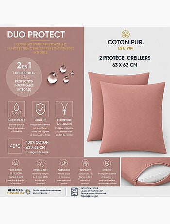 Lot de 2 taies d’oreiller duo protect coton 57 fils/cm² imperméables