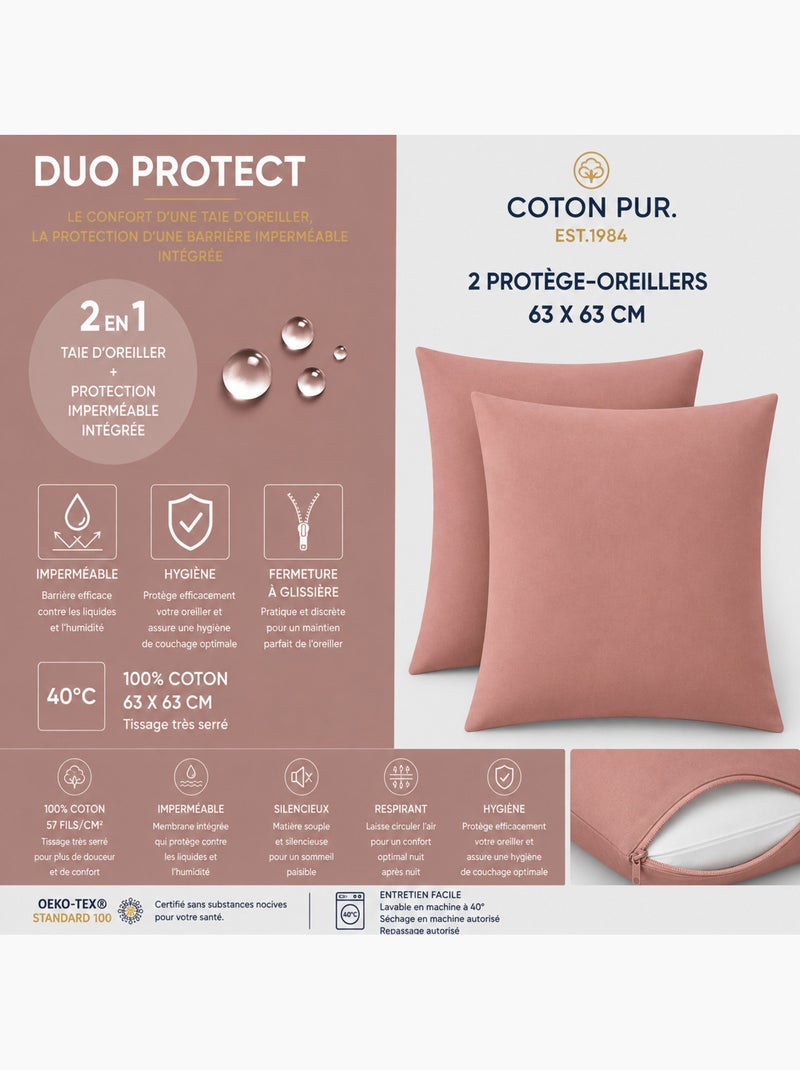 Lot de 2 taies d’oreiller duo protect coton 57 fils/cm² imperméables Vieux rose - Kiabi