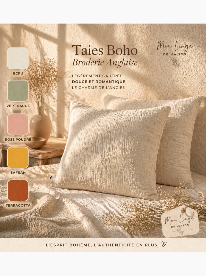 Lot de 2 Taies d’Oreiller – Gaze de Coton Brodée – GAÏA BOHO Vert romarin - Kiabi