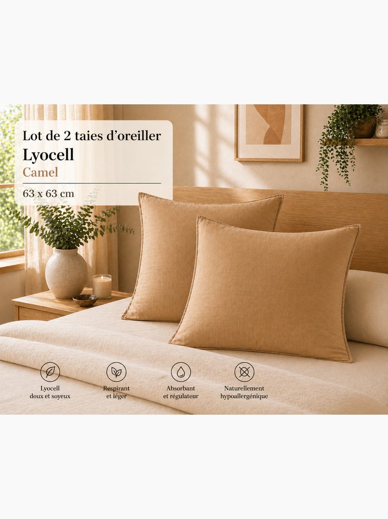 Lot de 2 taies d’oreiller Lyocell uni – LYSANDRE Camel - Kiabi