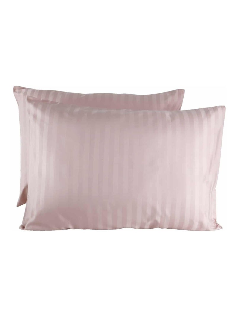Lot de 2 taies d'oreillers coton bandes satin MIRAGE Rose - Kiabi