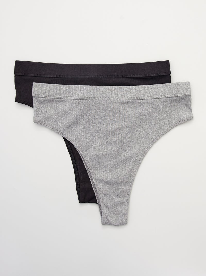 Lot de 2 tangas coton fines côtes gris chiné/noir - Kiabi