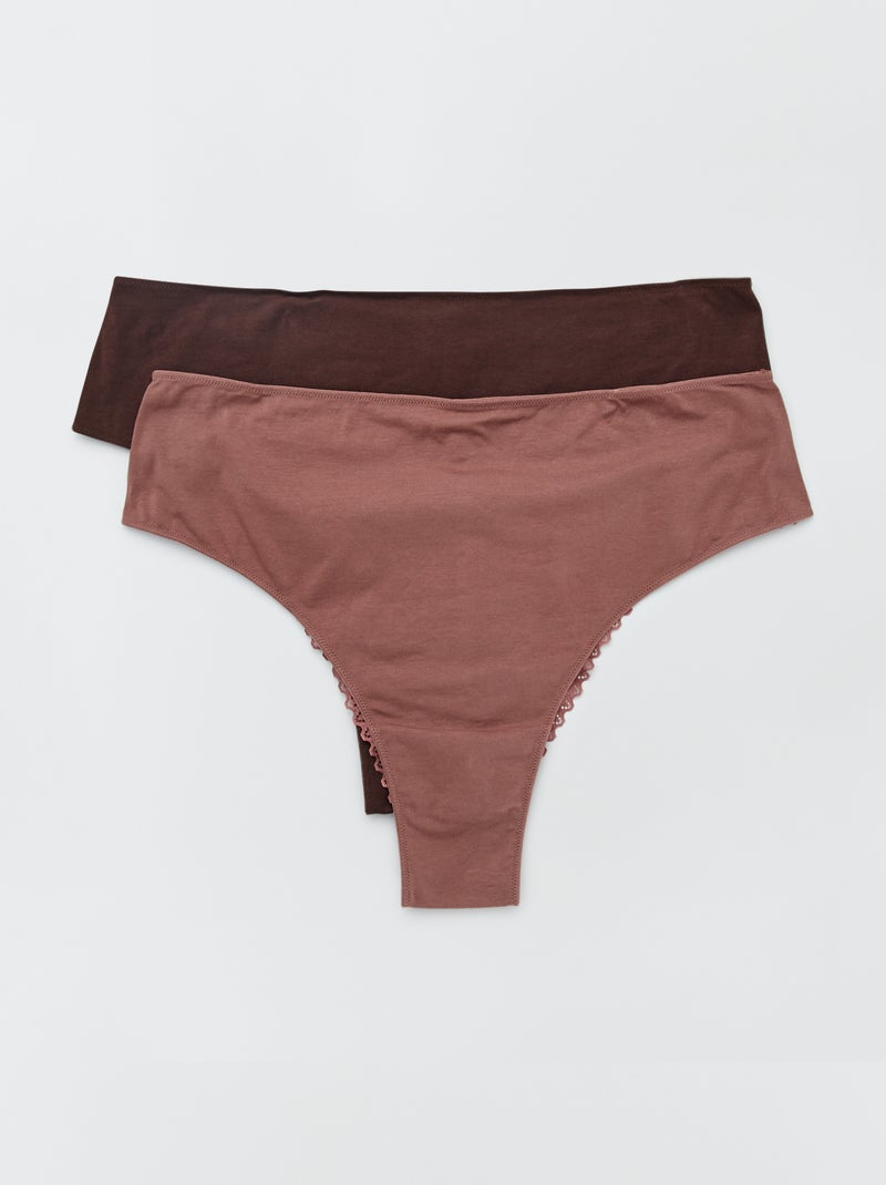 Lot de 2 tangas jersey et dentelle marron clair/marron - Kiabi