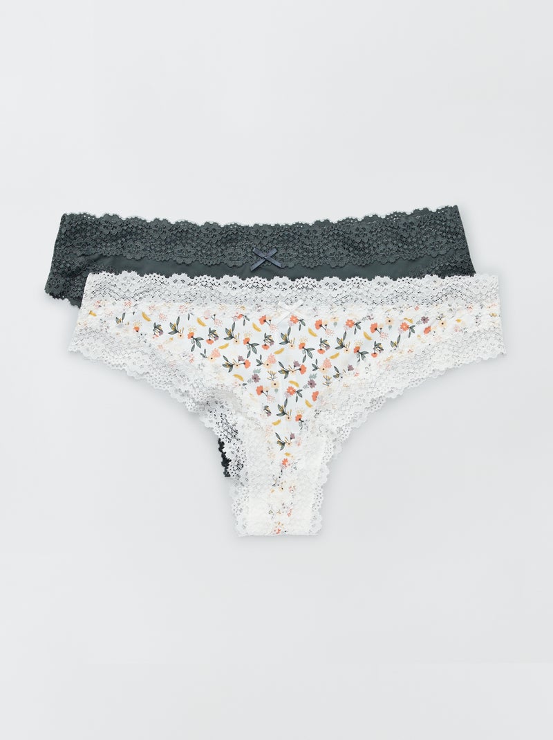 Lot de 2 tangas microfibre blanc fleurs/vert - Kiabi