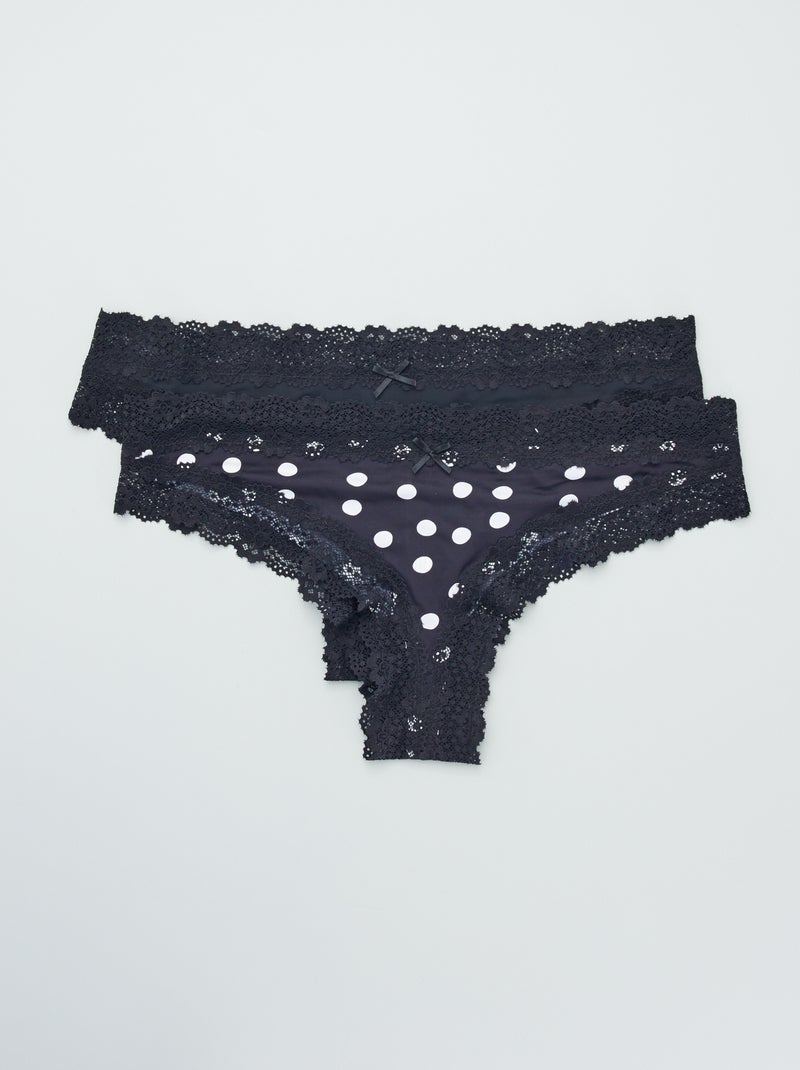 Lot de 2 tangas microfibre noir pois/noir - Kiabi