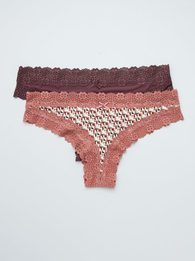 Lot de 2 tangas microfibre rose géométrique/prune - Kiabi