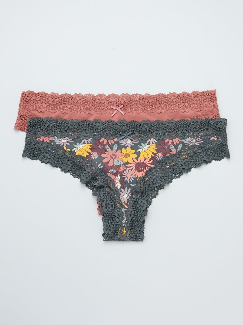 Lot de 2 tangas microfibre vert fleurs/rose - Kiabi