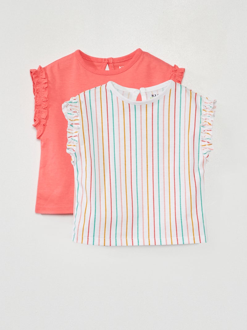 Lot de 2 tee-shirts avec fronces volantées Rose/rayé - Kiabi