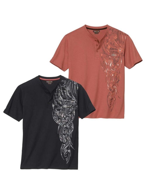 Lot de 2 Tee-Shirts Boutonné Imprimé Tahitien   - ATLAS FOR MEN - Kiabi